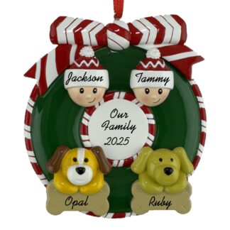Wreath for a Couple with 2 Pets Personalized Christmas Ornament