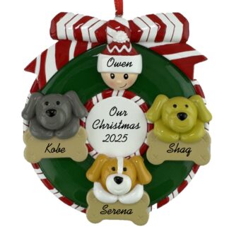 Wreath for 1 Person with 3 Pets Personalized Christmas Ornament
