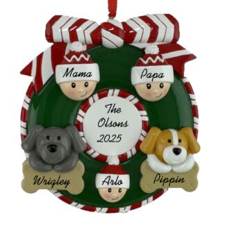 Wreath for Family of 3 with 2 Pets Personalized Christmas Ornament