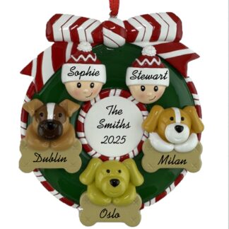 Wreath for a Couple with 3 Pets Personalized Christmas Ornament