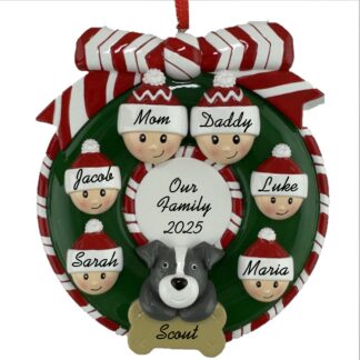 Wreath for Family of 6 with 1 Dog or Cat Personalized Christmas Ornament