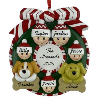 Wreath for Family of 5 with 2 Pets Personalized Christmas Ornament