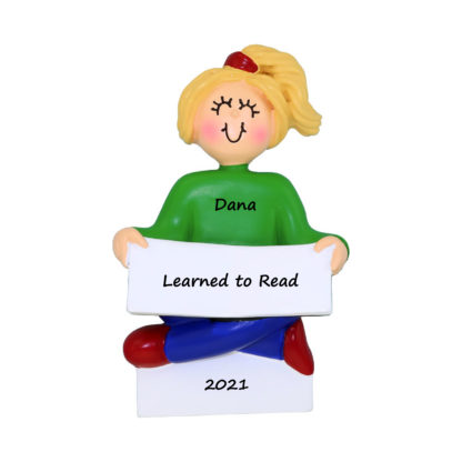 blonde girl learned to read personallized xmas ornament
