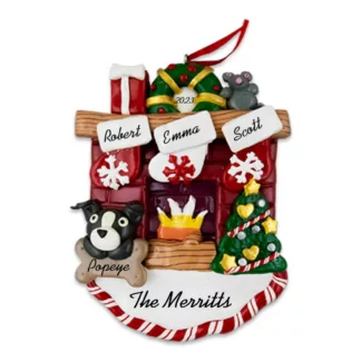 Family of 3 with Boston Terrier by the Fireplace Personalized Christmas Ornament