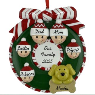 Wreath for Family of 5 with 1 Dog or Cat Personalized Christmas Ornament