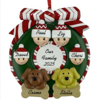 Wreath for Family of 4 with 2 Pets Personalized Ornament