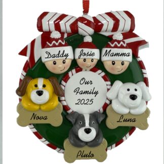 Wreath for Family of 3 with 3 Pets Personalized Christmas Ornament