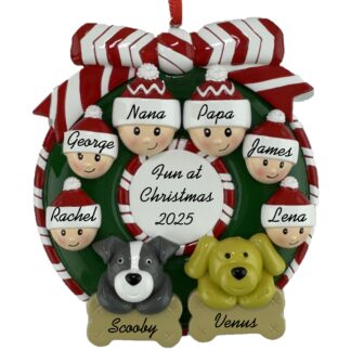 Wreath for Family of 6 with 2 Pets Personalized Christmas Ornament